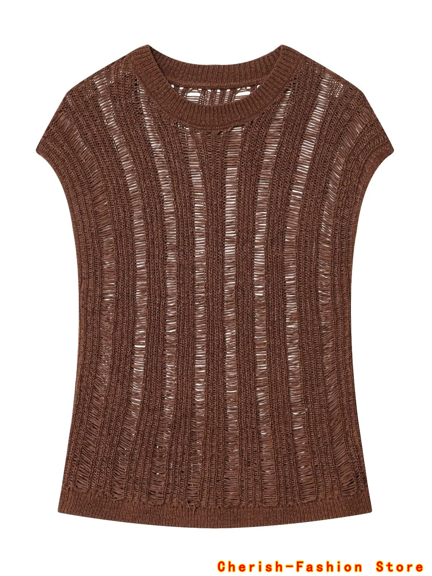 

2025 Hot New Summer Fashion Holiday Beach Party Date Vest Tops Casual Women Brown Knit Tops Flying Sleeve Knit Vest Tops Hollow
