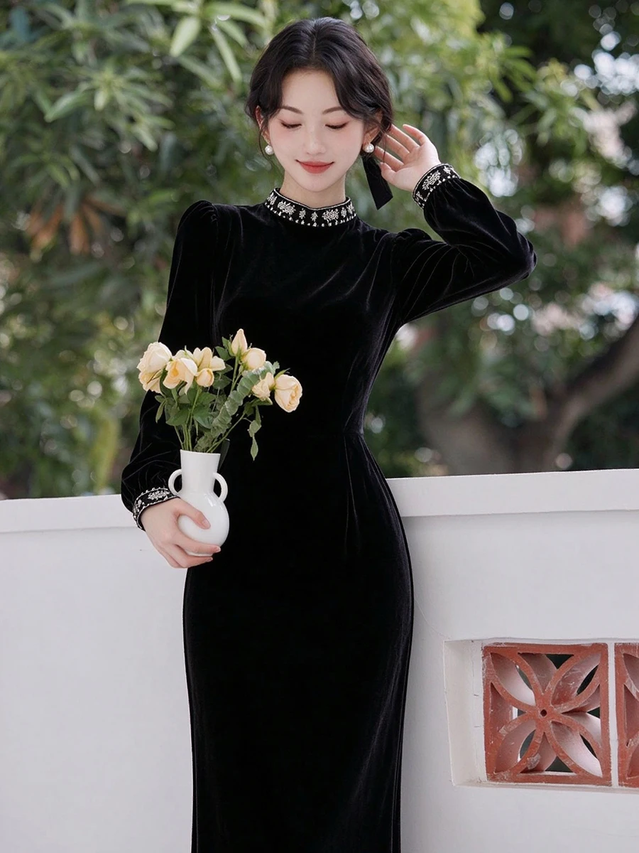 French Luxury Women Black Velvet Midi Dress Heavy Embroidery On Collar & Cuffs High Waist Slim Long Sleeve Elegant Black Dress