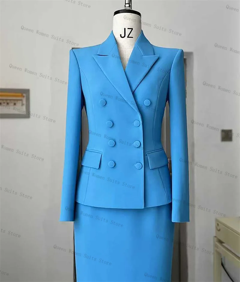 スカイブルー レディース スーツ スカートセット 2ピース ブレザー プロムドレス ゲスト フォーマル オフィスレディー ジャケット コットン ウェディング ブライド コート カスタムメイド