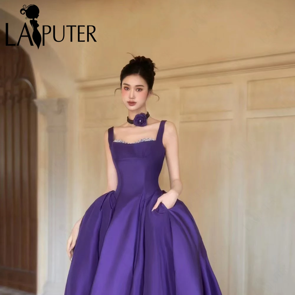 Grape Satin Evening Dresses Square Neck Shoulder Straps Simple A line Prom Gown Box Pleat New Design 2024 Celebrity Dress