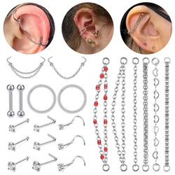 ZS 20G 9-16PC Nose Chain Jewelry Stainless Steel Helix Piercing Tassel Hoop Earrings Crystal Nostril Piercings Jewelry Women