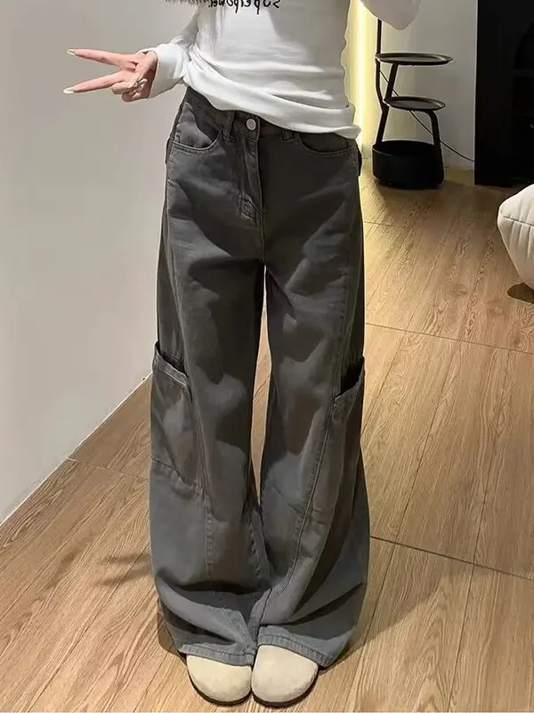 

Американские широкие джинсы-карго для женщин, осенне-зимние, больших размеров, свободные, прямые, в пол