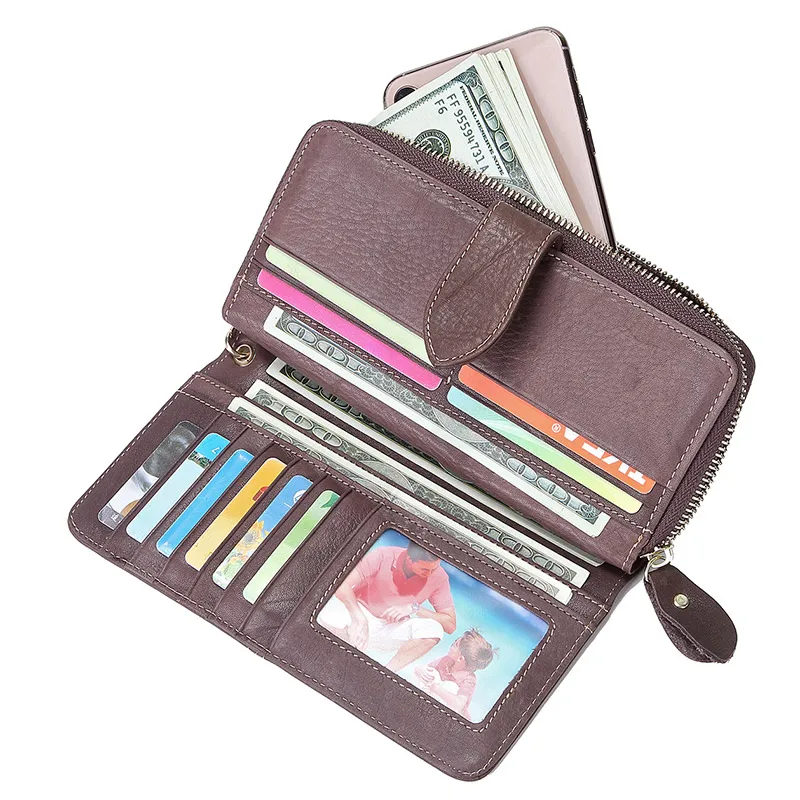 Grande pochette en cuir véritable pour femme, portefeuille à deux volets, long, sac à main en cuir véritable, fermeture éclair, porte-monnaie féminin
