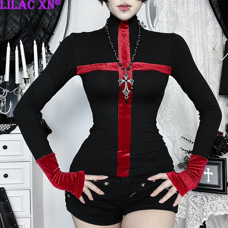 

Lilac XN Gothic Black Red Cross Patchwork Corset Long Sleeve T-Shirts Vintage Slim High Collar Base Shirt Women Autumn Fashion