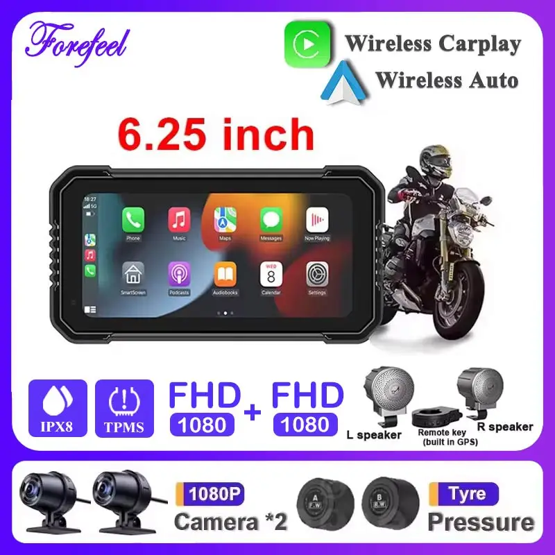 Waterproof Wireless Carplay For Motorcycle 6.25'' Touch Screen Android Auto With GPS TMPS Anti-shake Night Version Cameras Video