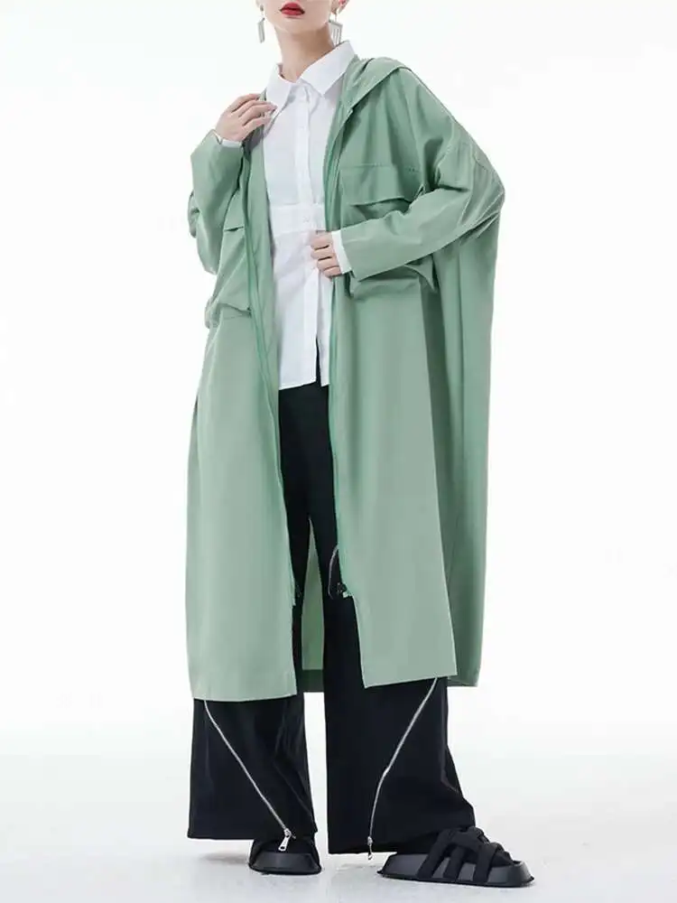 

Women Green Pocket Big Size Long Trench New Hooded Long Sleeve Loose Fit Windbreaker Fashion Spring Autumn