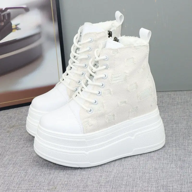 

Fashionable Women's Hidden Heel Boots 12cm Platform Canvas Material Autumn Winter Short Boots, Perfect for Short Women