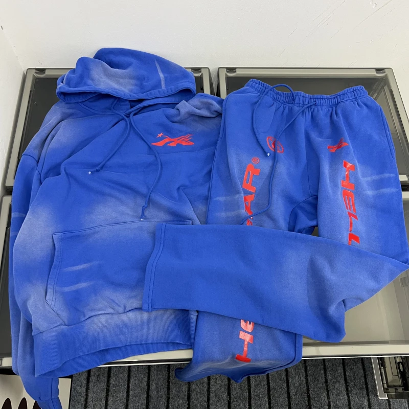 

Тяжелая винтажная толстовка с капюшоном Hell Star Waed, мужской повседневный комплект брюк, свободный крой на подкладке в американском стиле, осенний комплект...