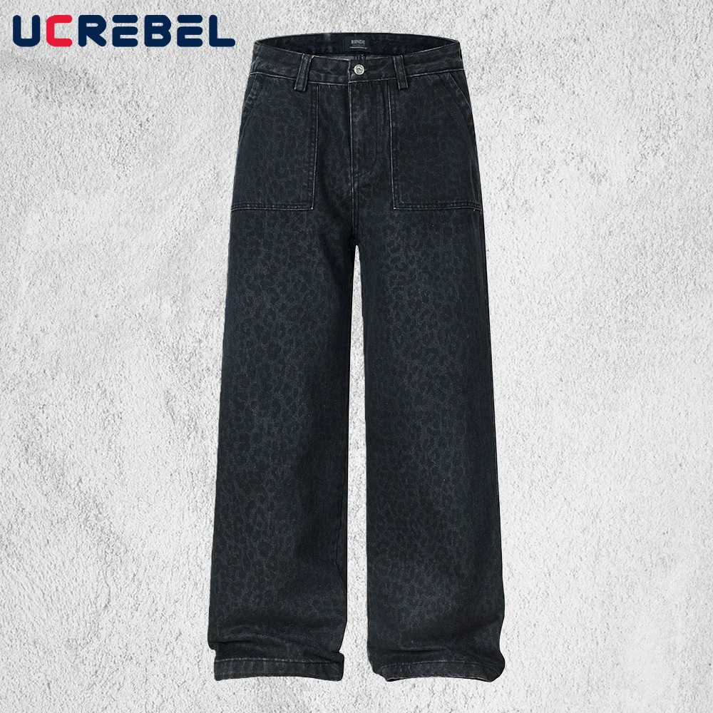 Leopard Dark Jeans Mens Pocket Y2k Streetwear Washed Straight Wide Leg Baggy Denim Pants Man