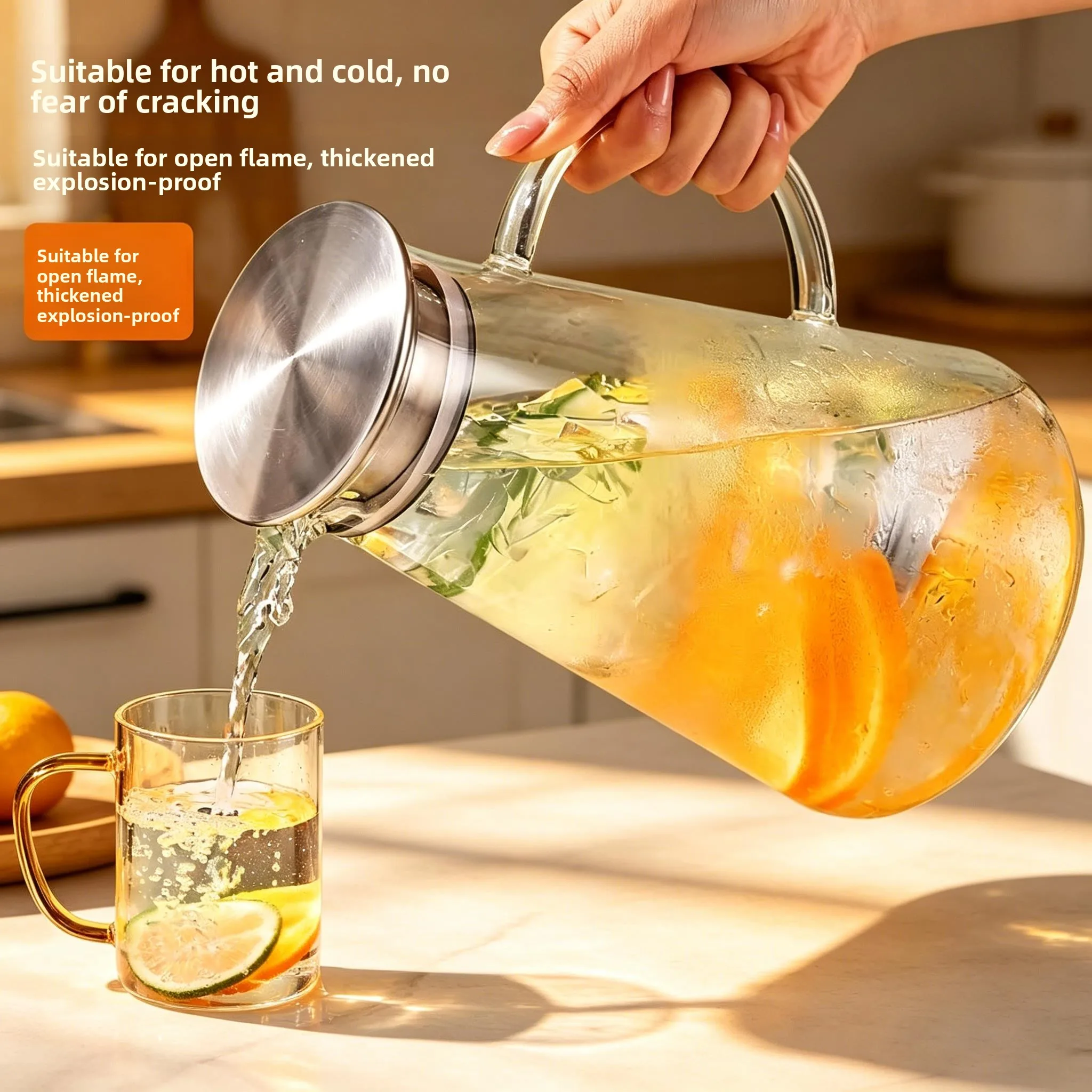 Thickened Glass Cold Water Pot Large Capacity for Tea Brewing Home Use Heat Resistant Fridge Cooling White Open Water Cup
