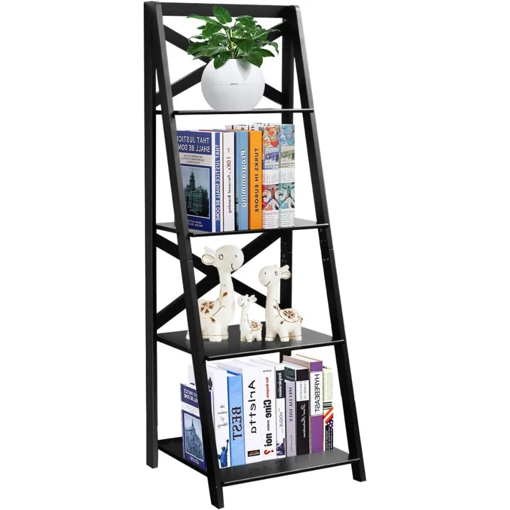

4-Tier Ladder Shelf Bookcase Leaning Free Standing Wooden Frame Decor Bookshelf Storage Flower Shelf Plant Display Shelf for Ho