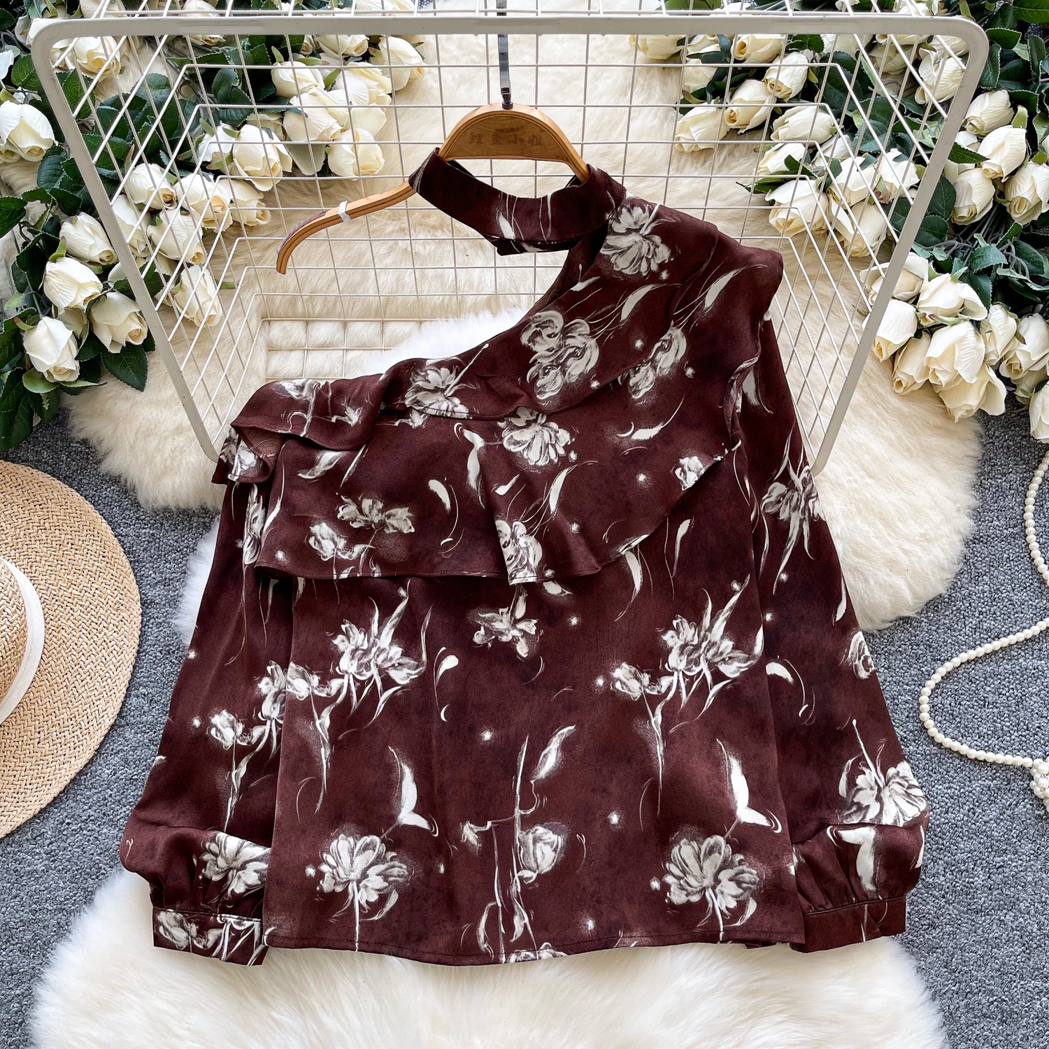 

Elegant Sexy long sleeve Diagonal collar off shoulder Top Women Korean Fashion High Street Autumn Clothing