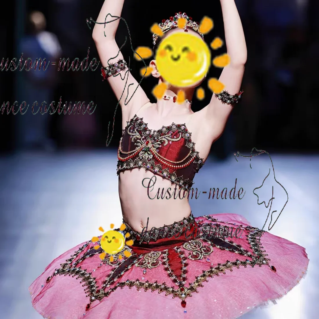 Handcrafted luxury exotic ballet tutu, burgundy crop top with hand-set silver and red crystals, bespoke sizing for elite baller