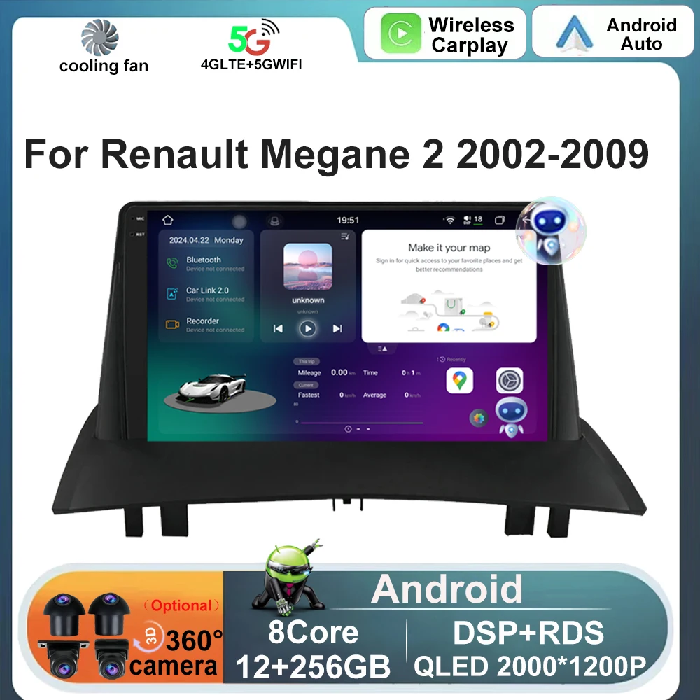 

For Renault Megane 2 2002-2009 Android 14 DSP Carplay Auto Car Radio Multimedia Video Player 4G Lte Navigation GPS WIFI