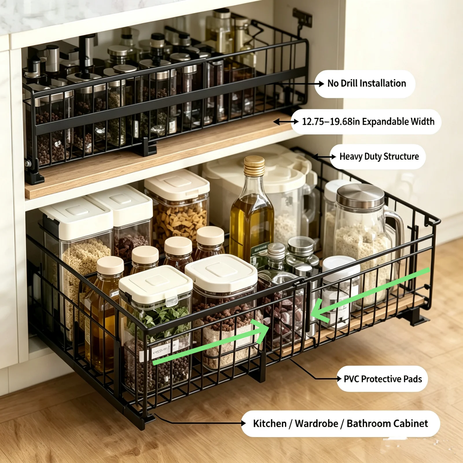 2 pezzi, scaffale regolabile per l’organizzazione di mobili, con cassetti espandibili, da 31 a 51 cm, installazione senza attrezzi, scaffale da cucina, armadio, mobile da bagno, con rivestimento in