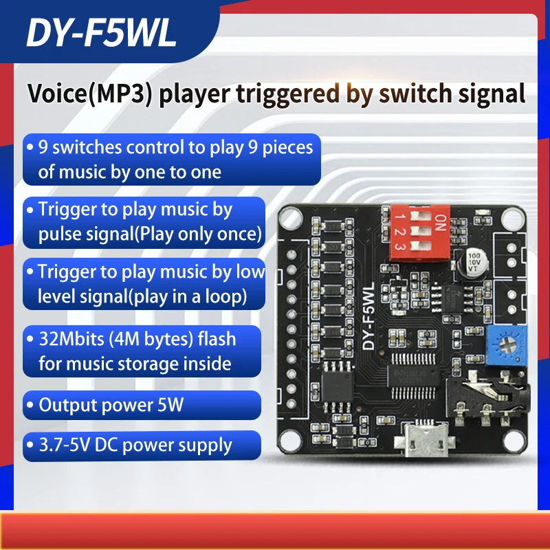 DY-F5WL 5W Power Voice Mp3 Player Control Module One-To-One Trigger 32M Opslag Aangepaste Audio F5wl