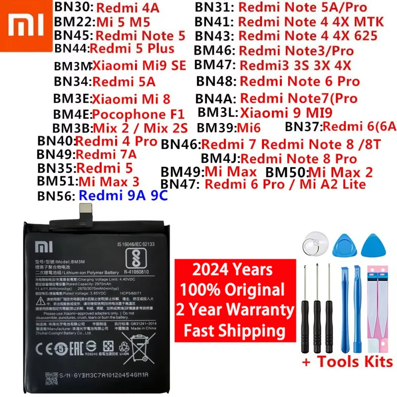 Original Battery Xiaomi Mi Redmi Note Max Mix 2 A2 3 3S 3X 4 4X 4A 5 5A 5S 5X M5 6 6A 7 7A 8 8T 9 Mi9 SE Pro Plus Lite batteries