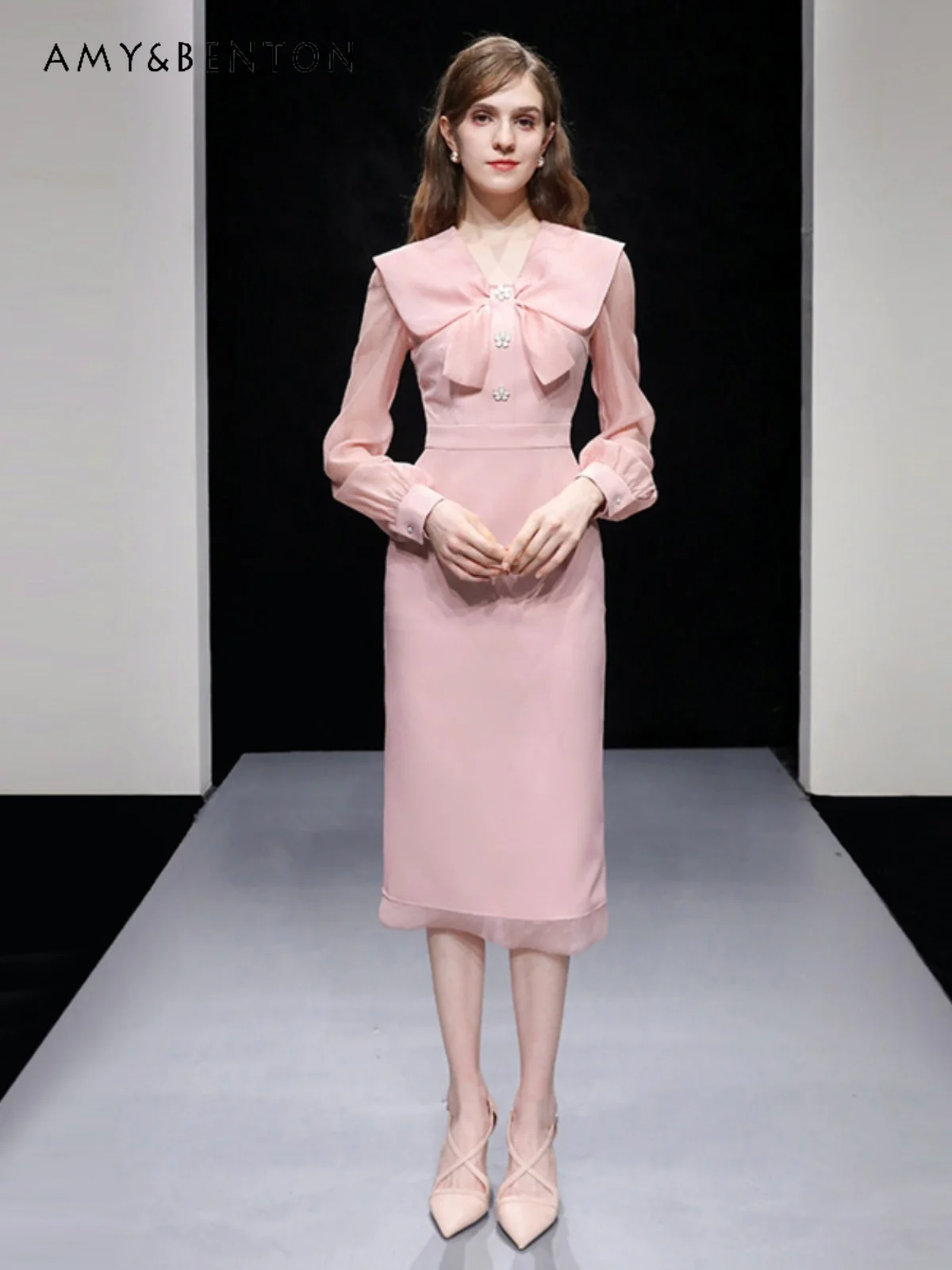 

Spring New Elegant Graceful Doll Collar Flower Slit Dress for Women High Sense Ladies Long Sleeves Slim Mid-calf A-line Dresses