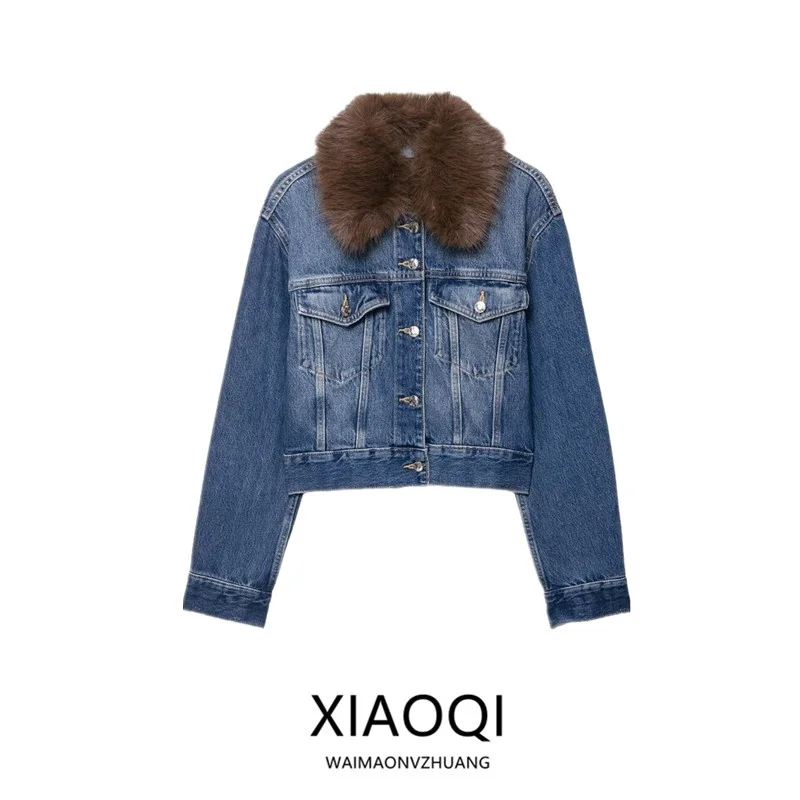 

Fall 2025 New Women's Design Short Artificial Fur Denim Jacket Outerwear Loose Fit Long Sleeve Button Closure Commute Style