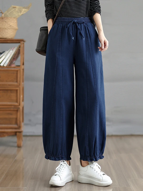 ファッショナブルなウェイドデニムパンツ、ハイウエストワイドレッグ、無地、スプライシング、バンジーコード、カジュアルルーズフィットジーンズ、プラスサイズ女性向け