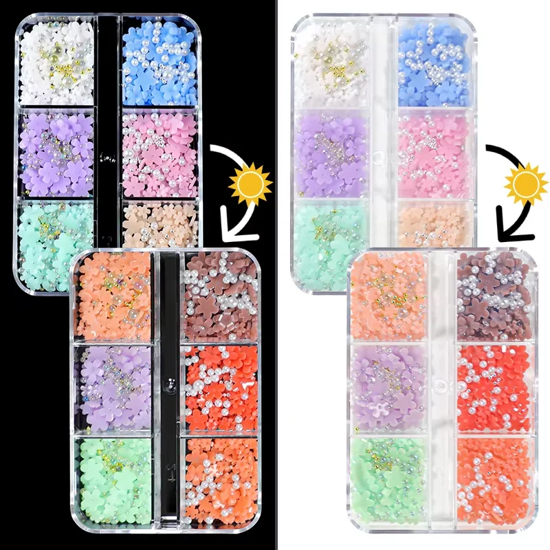 Flor corazón arco decoración de uñas diamantes de imitación UV luz solar cambio de Color sensible a la luz colores cambiantes 3D DIY suministros de uñas