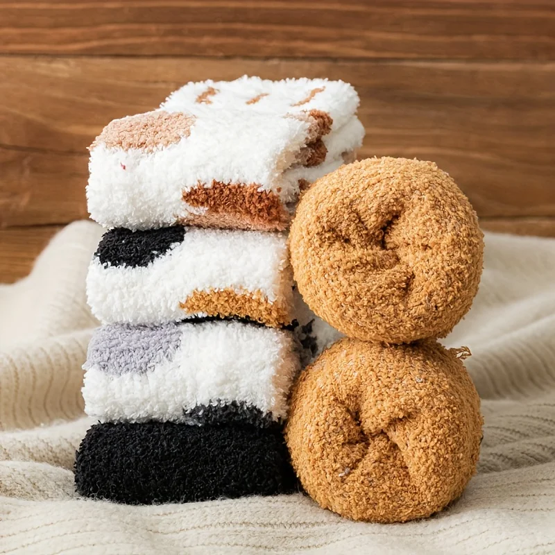 5 pairs of unisex autumn/winter embroidered ears for attracting wealth  cat claws  coral velvet warm socks