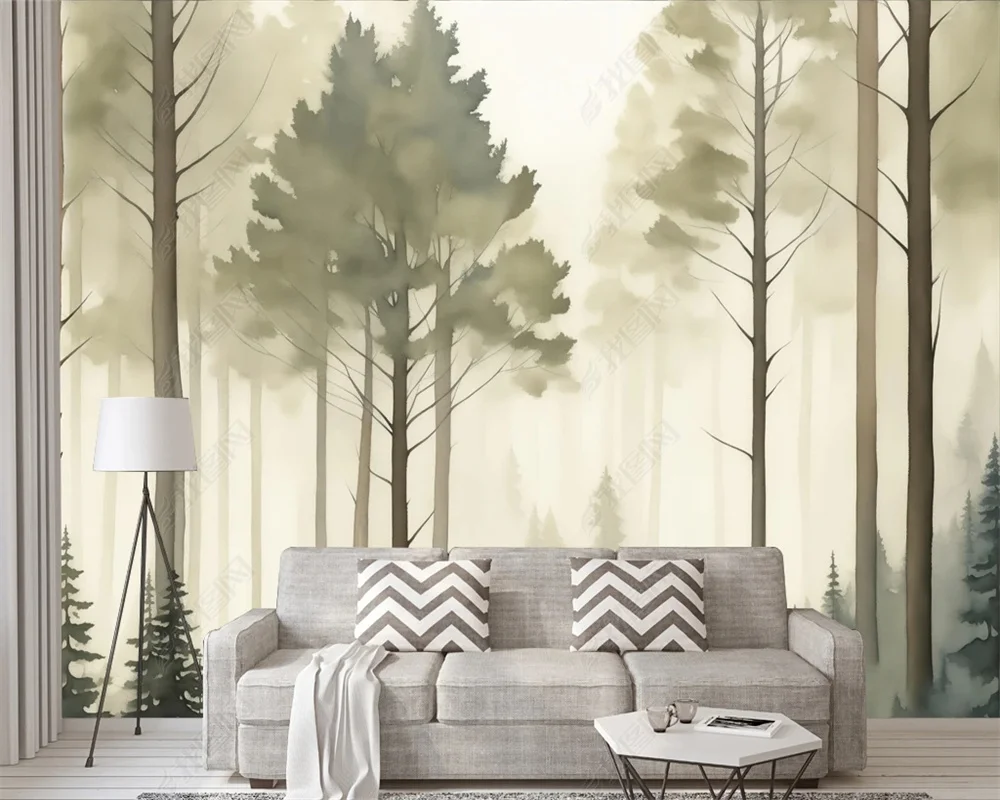 Customized 3D printed wallpaper with healing forest style light watercolor pine forest theme mural