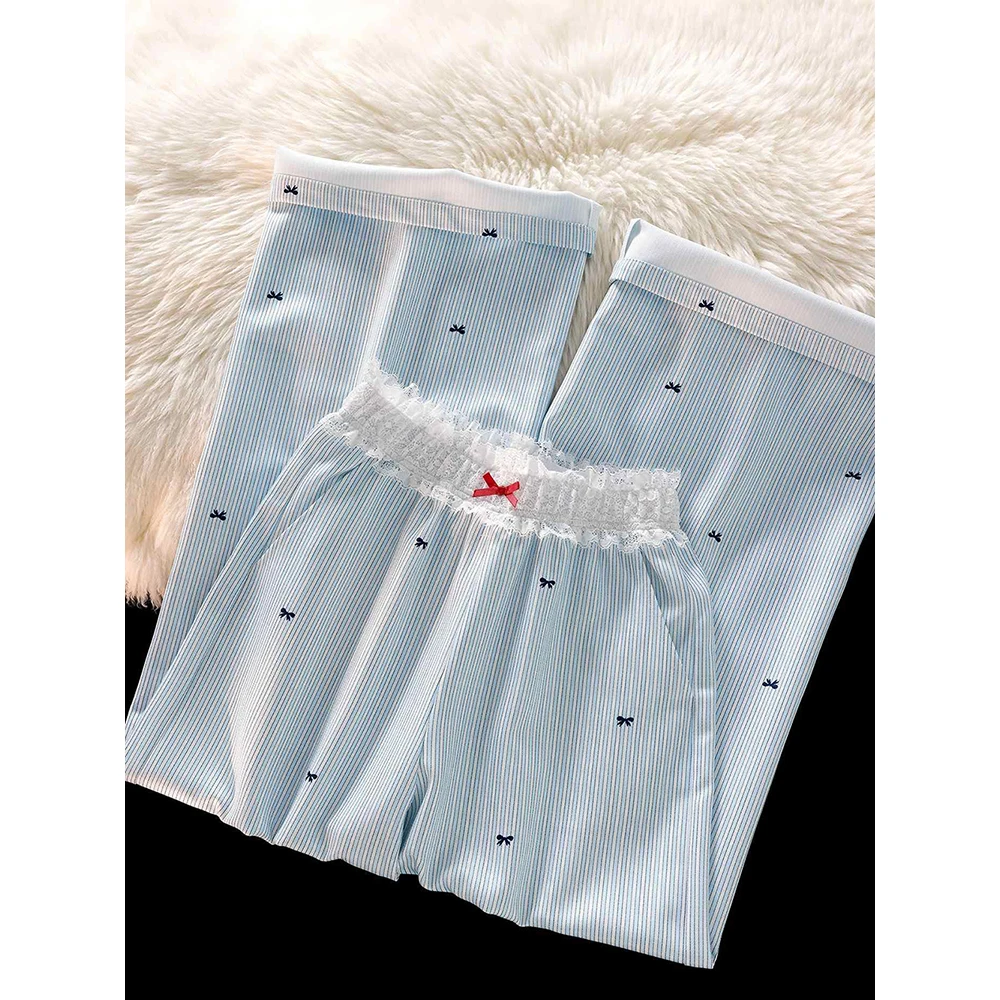 

Striped Wide Leg Pants for Women in Spring 2025 New Casual Loose Straight Pants Exquisite Bow Elastic Waist Full Trousers