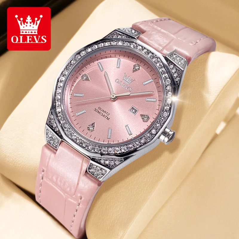 OLEVS 5606 Women Watch Quartz Wristwatch Leather Strap Waterproof Luminous  Diamond Date Watch Bracelet Set Reloj Mujer Original