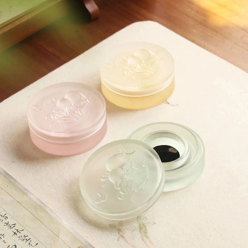 Glass Ink Dish Ancient Style Ink Stone with Lid Double Ring Moisture Retention for Beginners Calligraphy Practice Study Supplies