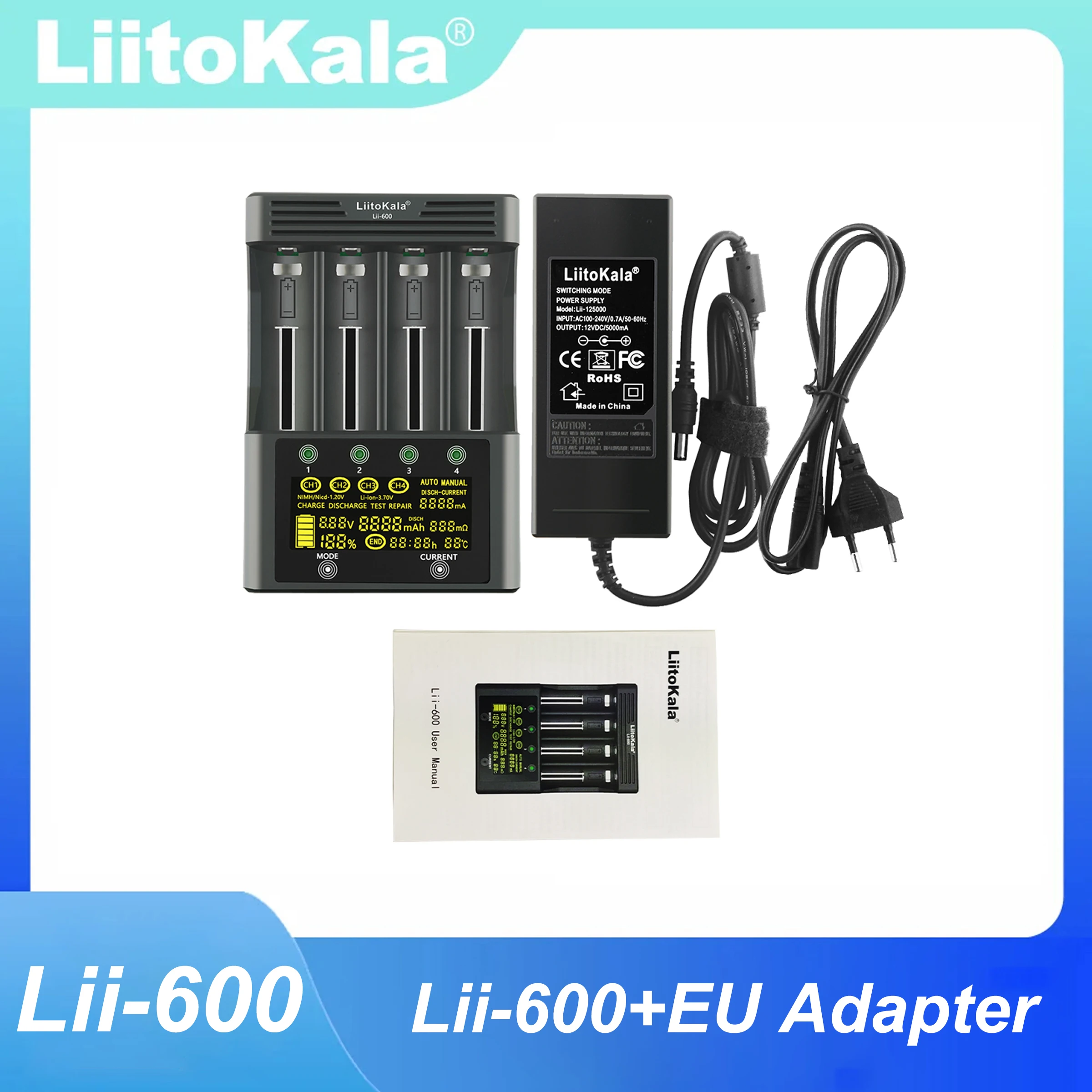 

Зарядное устройство Liitokala Lii-600 LCD для аккумуляторов 3.7V 1.2V 18650 26650 21700, с функцией проверки емкости батареи и сенсорным управлением
