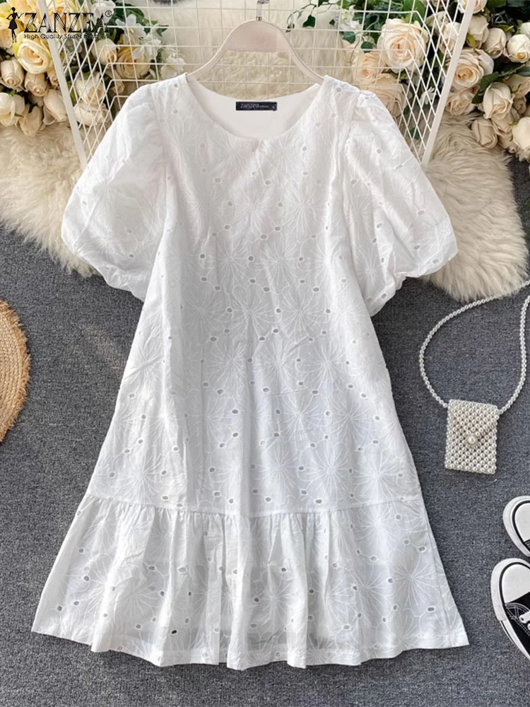 

ZANZEA Women Lace Emboridery Mini Dresses 2025 Summer Fashion Vestidos Short Puff Sleeve Party Robe Korean Pleating Sundress