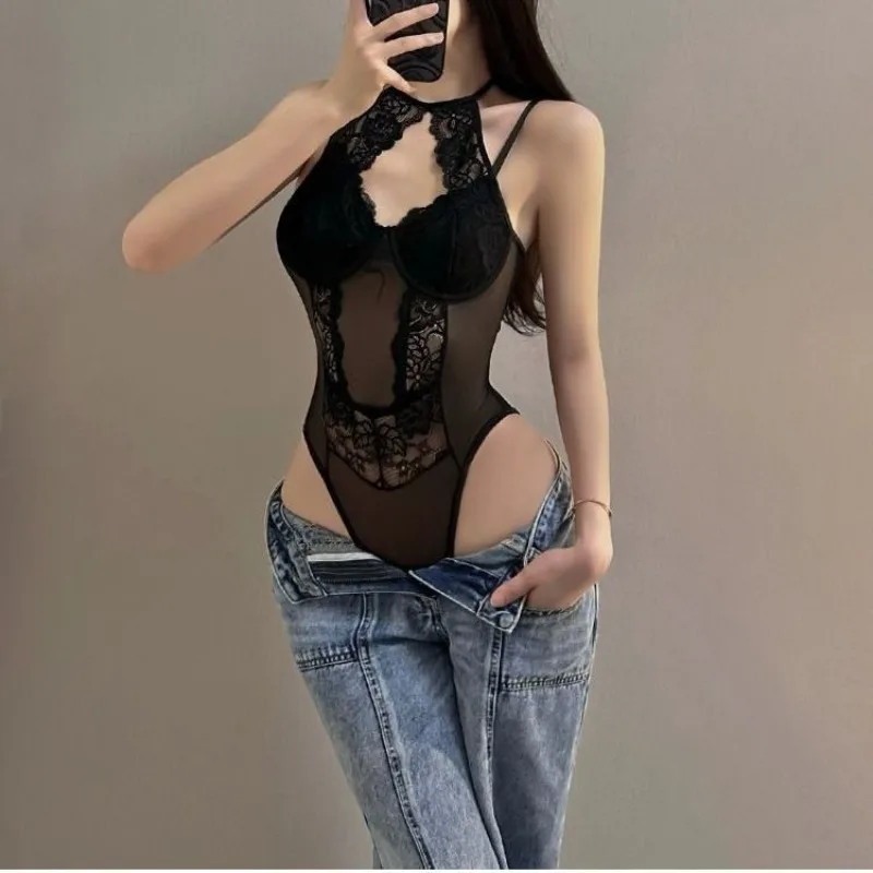 Hanging Neck Spicy Girl Temperament Suspender Jumpsuit Sexy Hollow Lace Shapewear Pure Desire Hanging Top Sexy Bodysuit Lingerie