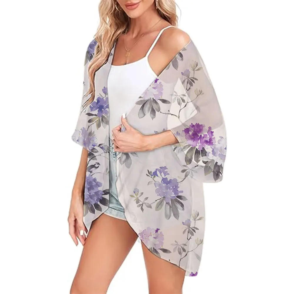 

Chiffon Kimono 3D Floral Printed Long Sleeve Tops Kimono Cardigan Breathable T-shirt Outwear Blouse Covers Up Summer Beach Party