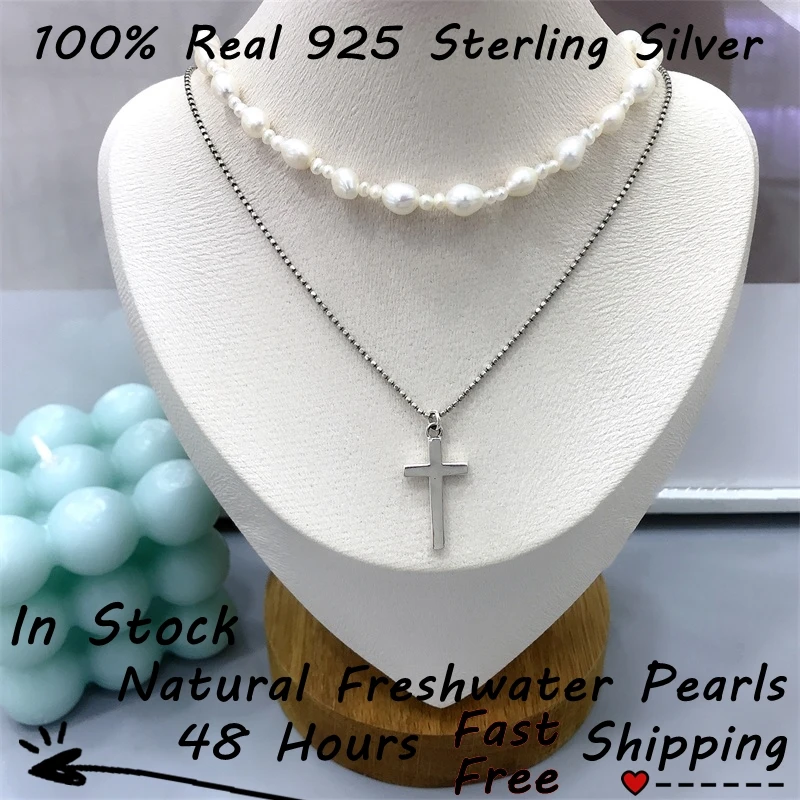 Sterling 925 Silver Jesus Cross Pendant Pearl and Bead Necklace for Men Double Layer Choker Collares Para Mujer Layered Jewelry