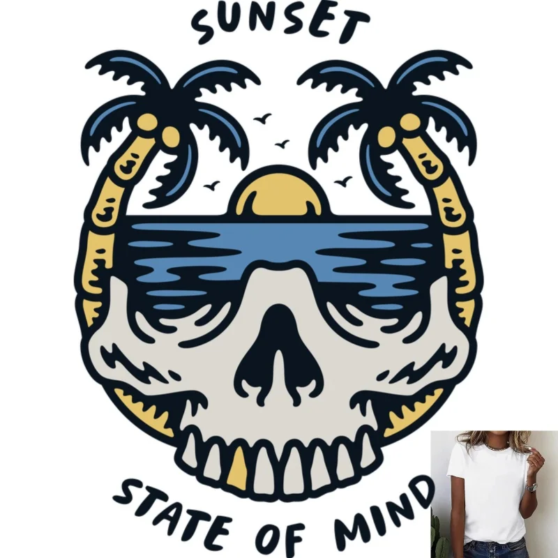 Trendy Skull Coconut Tree Sunset Pattern Heat Transfer White Ink Iron - on, Suitable for T - shirts, Canvas Bags, Casual