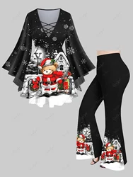 New Women's Christmas Snowflake Street Lamp Santa Clause Bear Print Flare Sleeve T-shir Or Flare Pants Casual Matching Set XS-6X