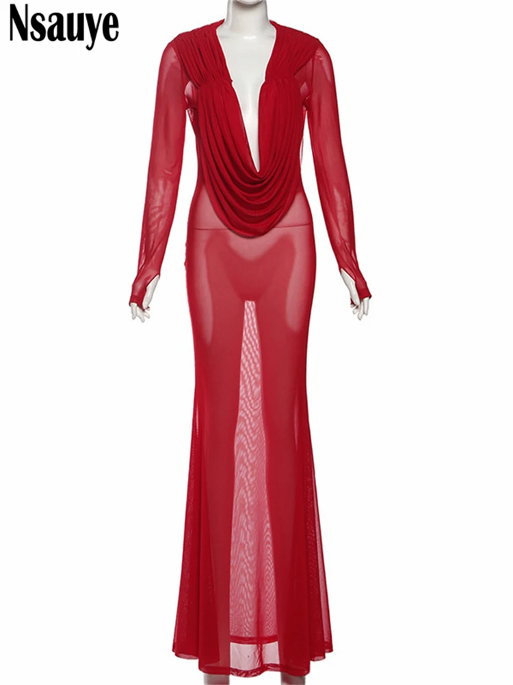 Nsauye Chic Elegant Women Low Cut Out Mesh Sexy See Through Maxi Night Club Party Dress Evening V Neck Long Sleeve Winter Dress