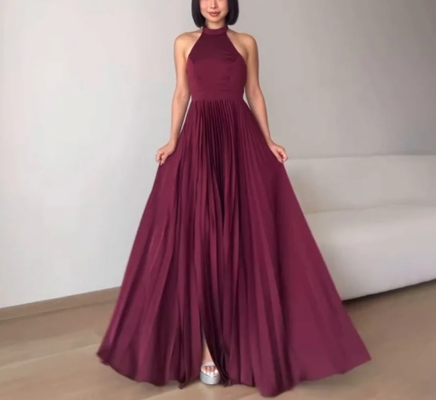 

Spring New Women's Solid Backless Hanging Neck Sleeveless Slit Long Dresses Temperament Commuting Female Elegant Sexy Dresses
