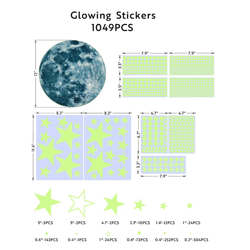 1049Pcs Świecące w ciemności gwiazdy Księżyc Dot Naklejki ścienne dla dziecka Sypialnia Sufit Niebieskie Świecące Gwiazdy Fluorescencyjne Naklejki