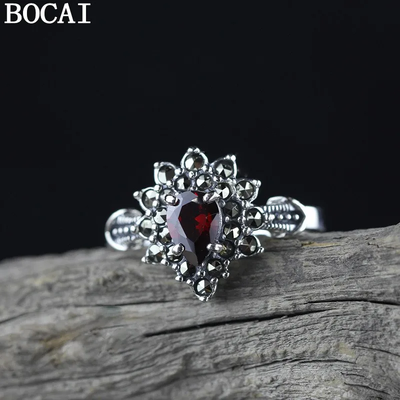 

Genuine S925 Sterling Silver Charms Rings for Women New Fashion Tangent Plane Heart Garnet Marcasite Punk Jewelry