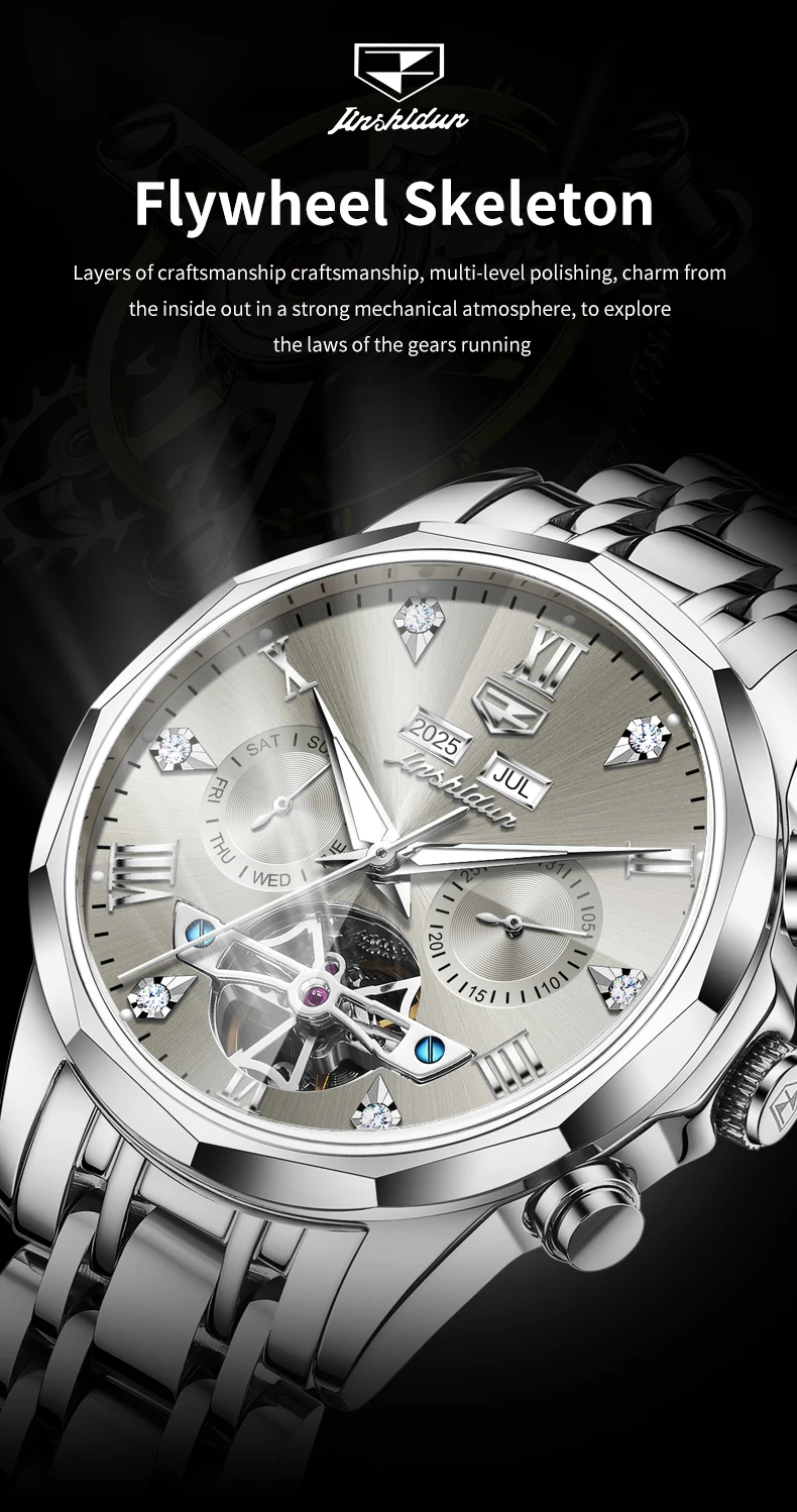 JINSHIDUN 8989 Luxus-Herrenuhr Mode Skelett-Schwungrad Automatikuhren für Herren Rhombus-Spiegel Business Mechanische Uhr für Männer – Detail 6