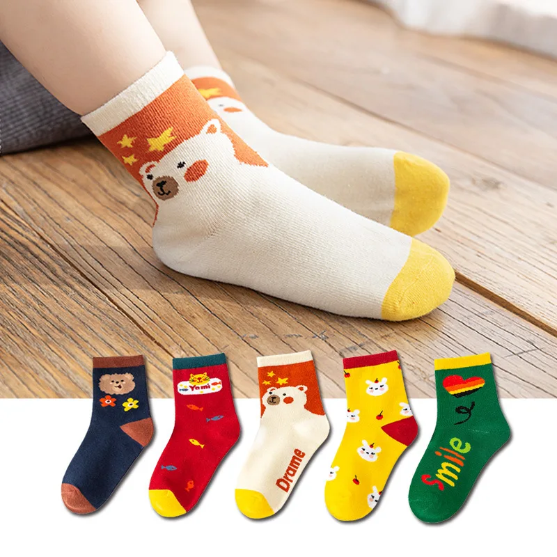 5‑Pack Boys Girls Crew Socks Cartoon Bear Tiger Rabbit Print Soft Cotton Breathable Color Block Kids Socks