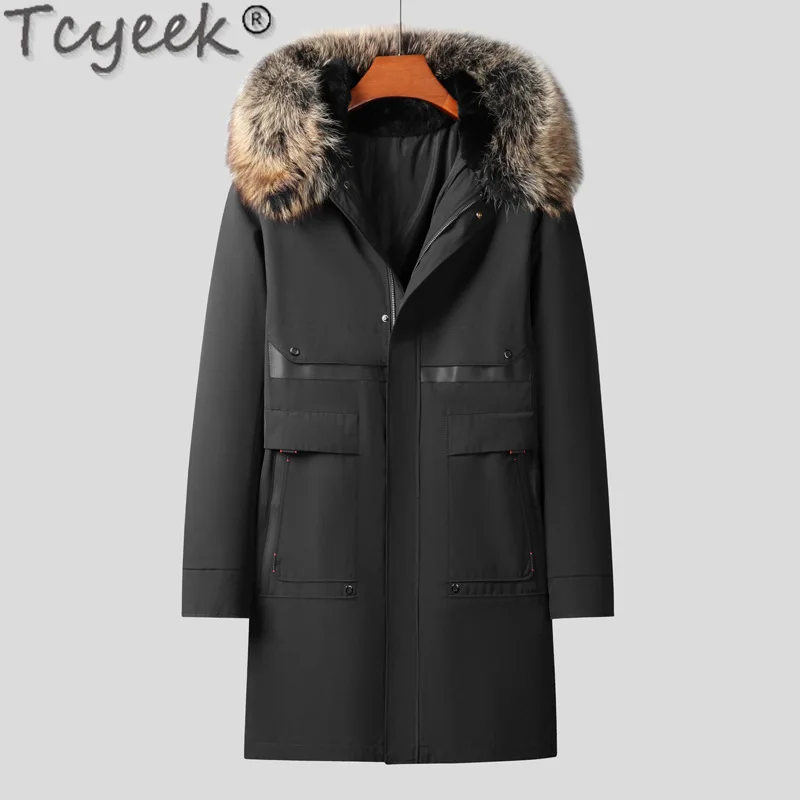 Tcyeek Real Rabbit Fur Coat Men Clothes Winter Jackets Mid-length Men's Parka Casaco Masculino Real Fur Coats Raccoon Fur Collar