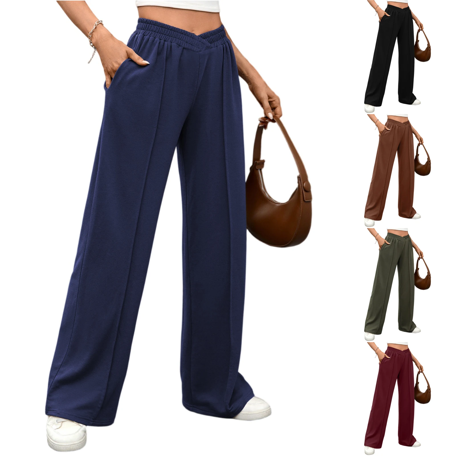 Pantalones informales de pierna ancha y cintura alta para mujer, pantalones elásticos con diseño de empalme en forma de V, hasta el suelo, estilo de viaje, pantalones de fibra de poliéster