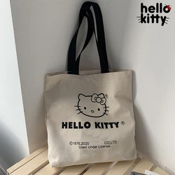 Merhaba Kitty tuval omuzdan askili çanta moda kadın büyük el çantası çanta yüksek kapasiteli rahat baskı çanta bayanlar kullanımlık Shopper Tote çanta hediye