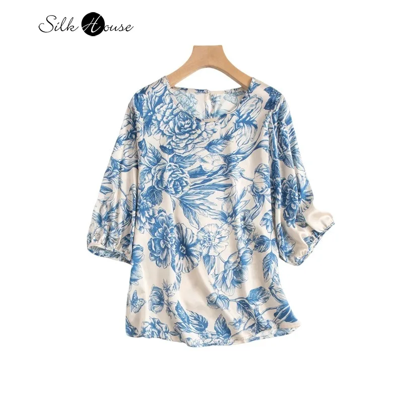 

19MM 93% Natural Mulberry Silk Elastic Satin Blue and White Porcelain Lantern Half Sleeved Round Neck Loose Versatile T-shirt