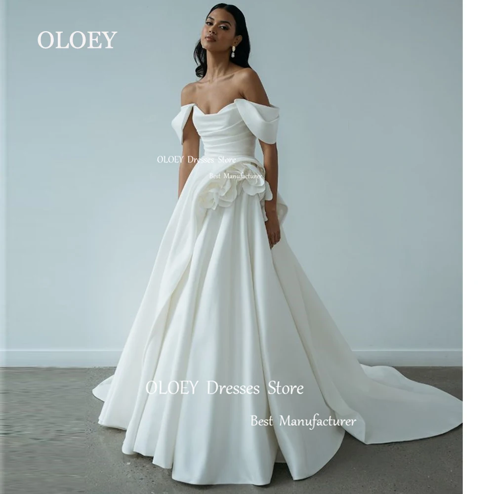 

OLOEY Elegant Pleated Satin Wedding Dresses Off Shoulder 3D Flowers Bride Gowns Sweep Train 2024 Vestidos De Novia Custom Made