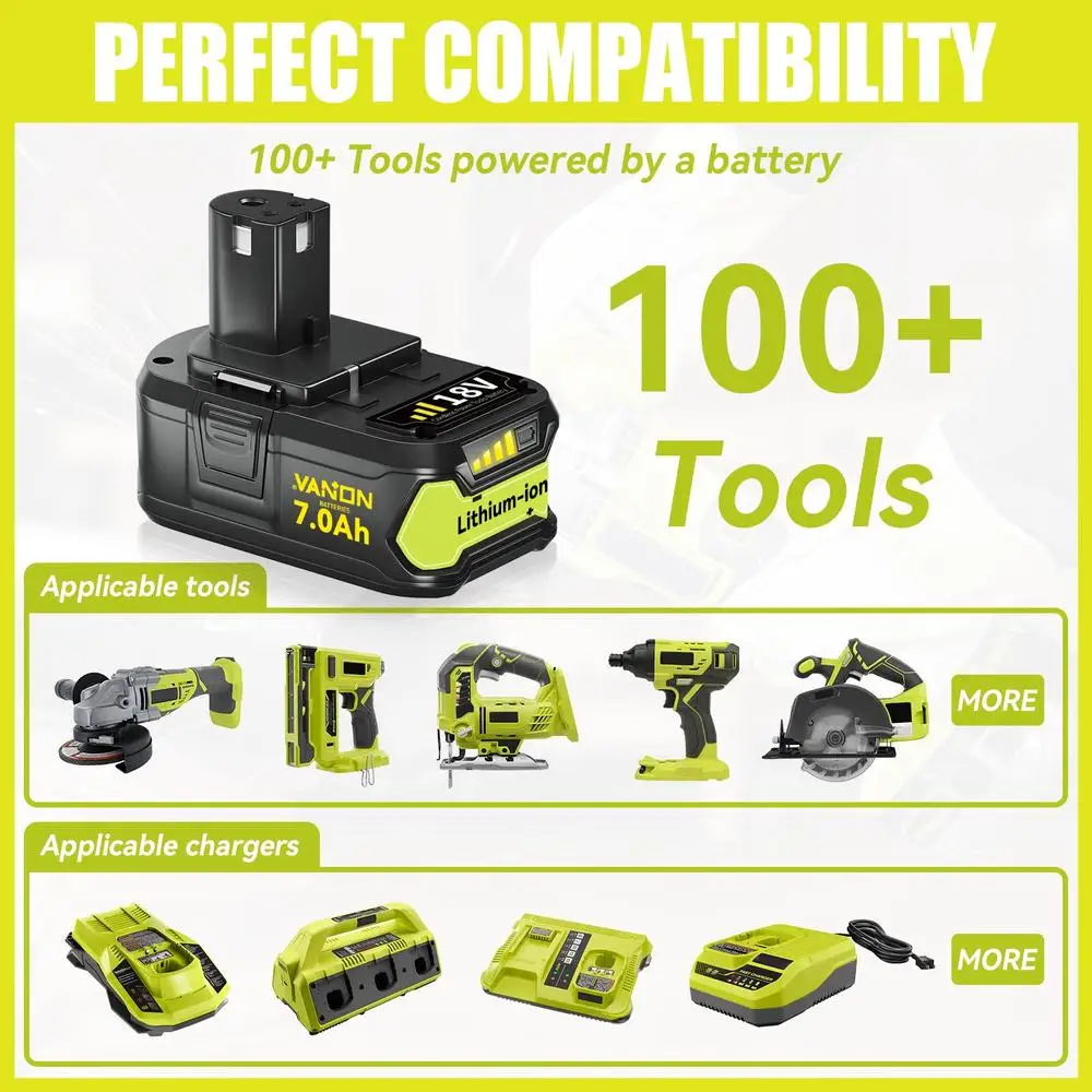 Ryobi互換の交換用バッテリー,18V,コードレスツール,p108,p107,p105,p104,p103,7000mah,2パック