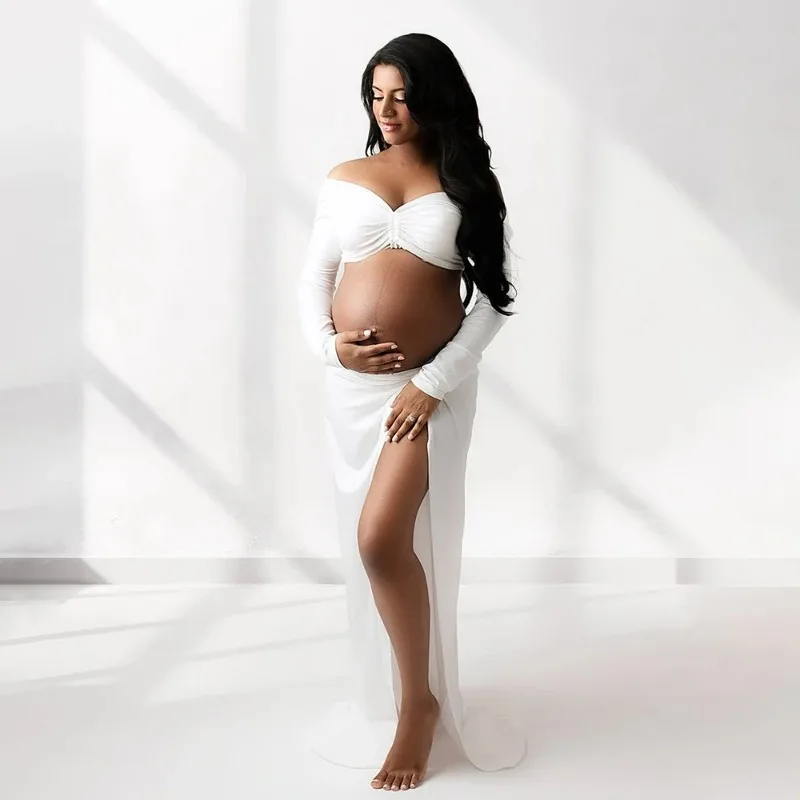 

Maternity 2 PC/Set V Neck Cut Out Backless Long-Sleeved Rawstring Top Slit Dress Set Photography Outfit For Baby Shower Party
